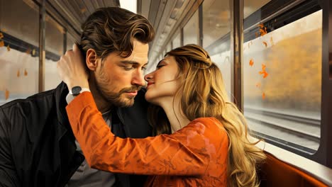 a couple sharing a tender moment on a warm autumn train ride