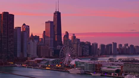 chicago skyline with ferris wheel aerial