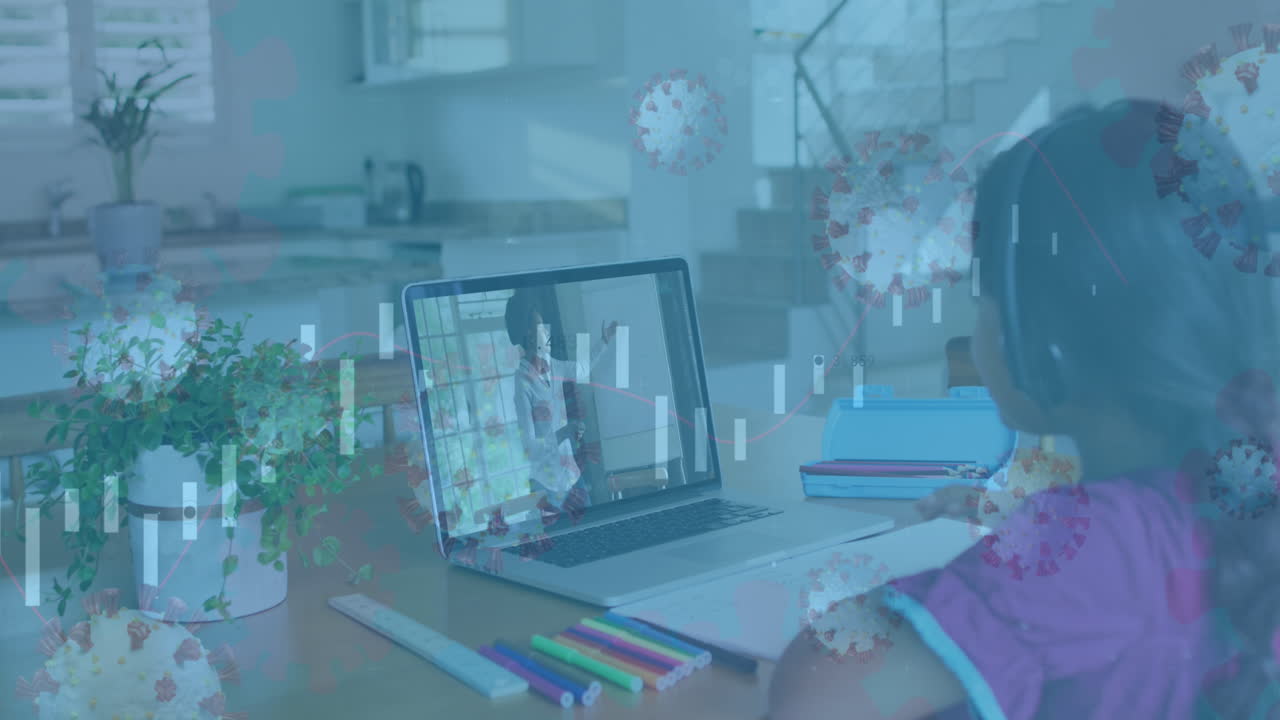 Animation of data processing over african american female teacher on video call