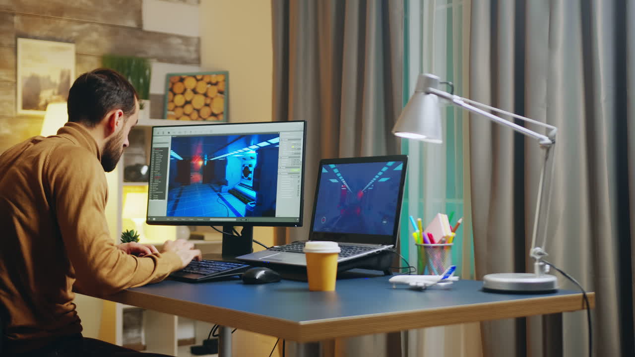 Back view of of young game developer in his home office