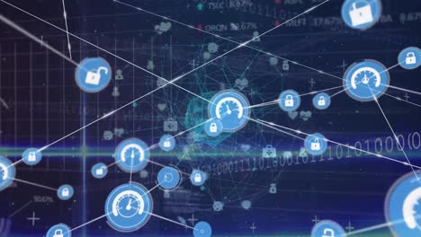 animation of network of digital icons over spinning globe and data processing on blue background