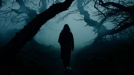 a woman walks through a foggy forest