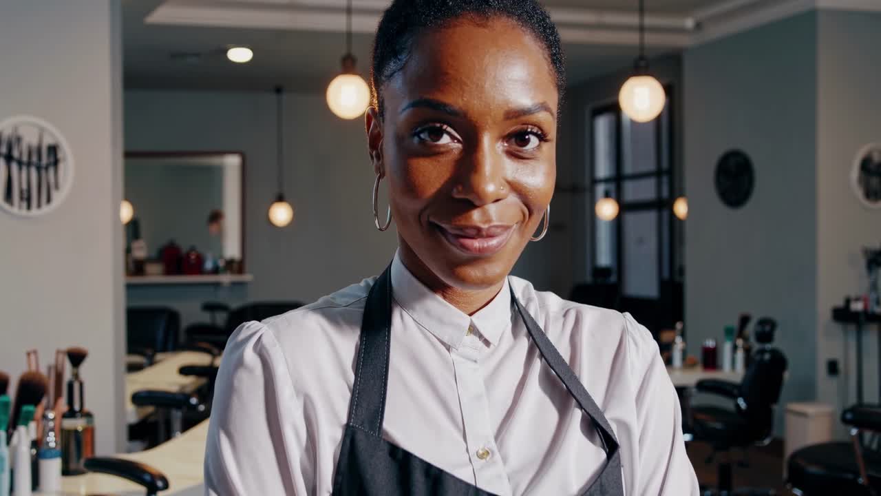 A confident woman in a salon apron smiles at the camera. The video captures her from a front angle