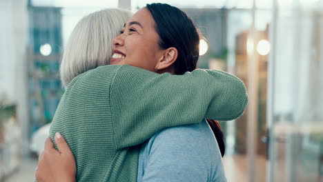 senior woman, hug and visit of an old friend