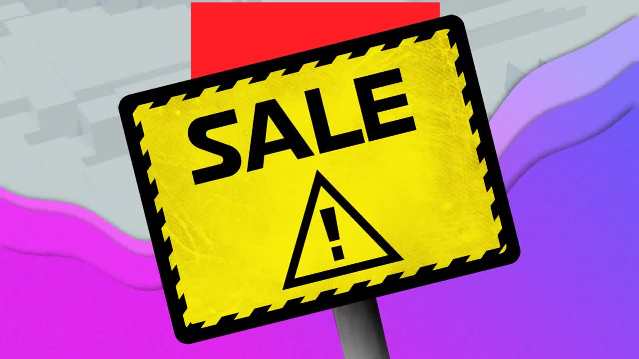 animación del texto de venta en el cartel de advertencia amarillo, sobre texto grande y ondas púrpuras