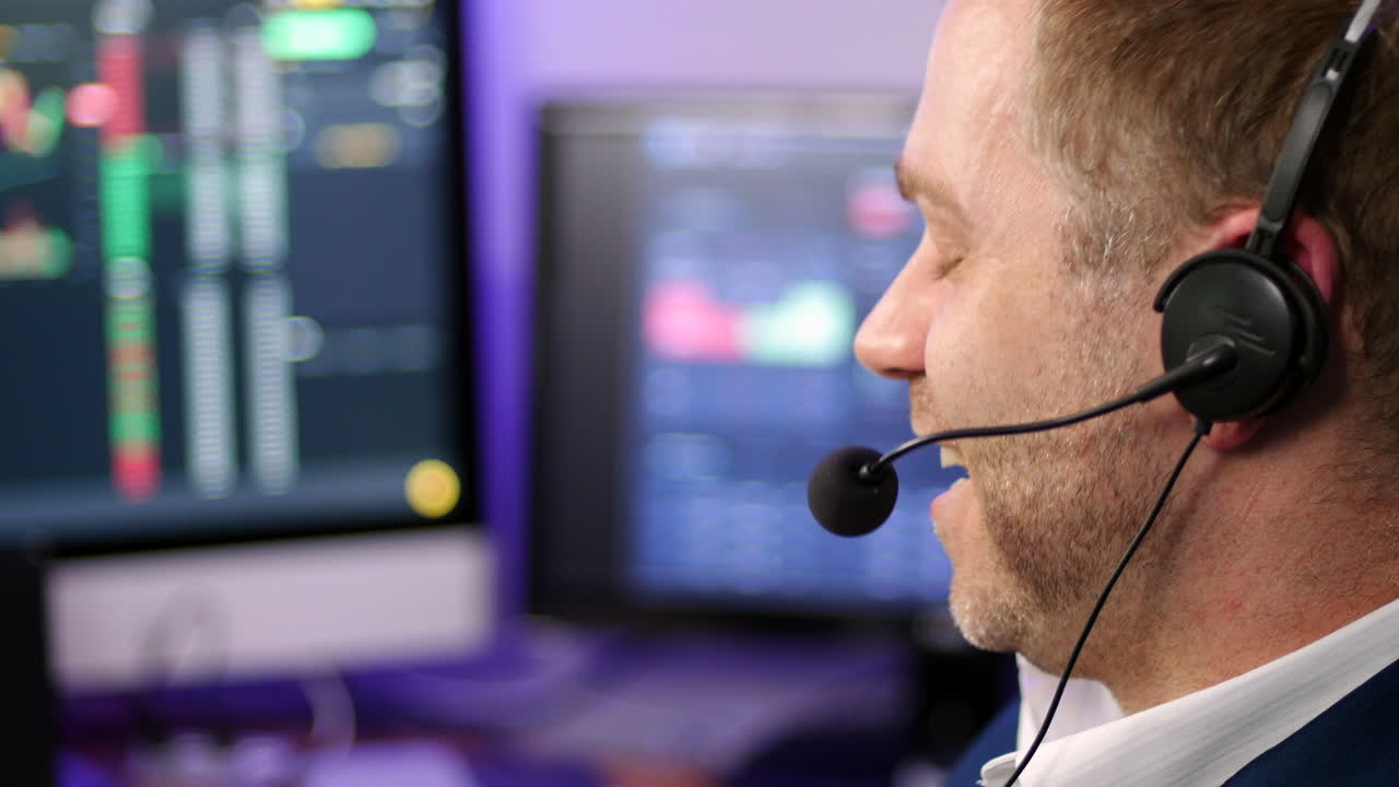 Laughing happy technical support call center trading broker in office earling headset