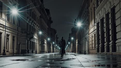 A cinematic video scene captures a lone figure walking down a dimly lit, wet street at night