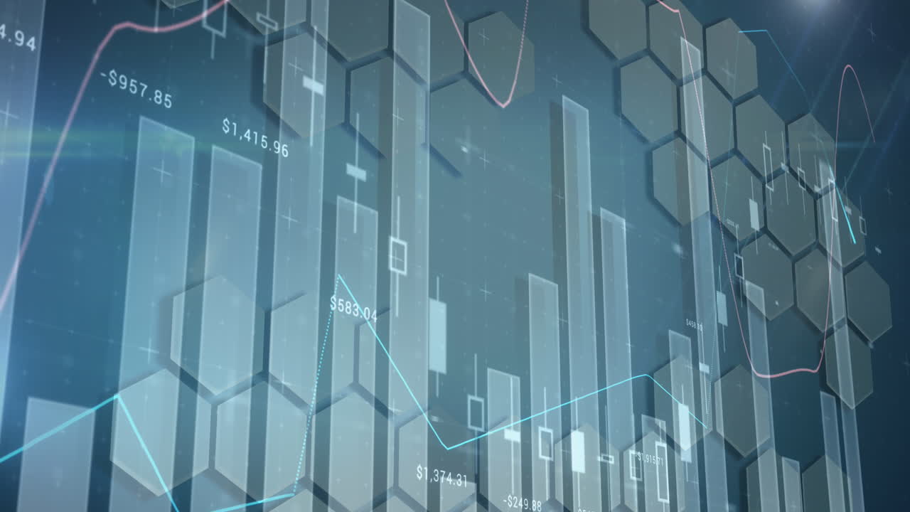 Animation of financial data processing over network of hexagons