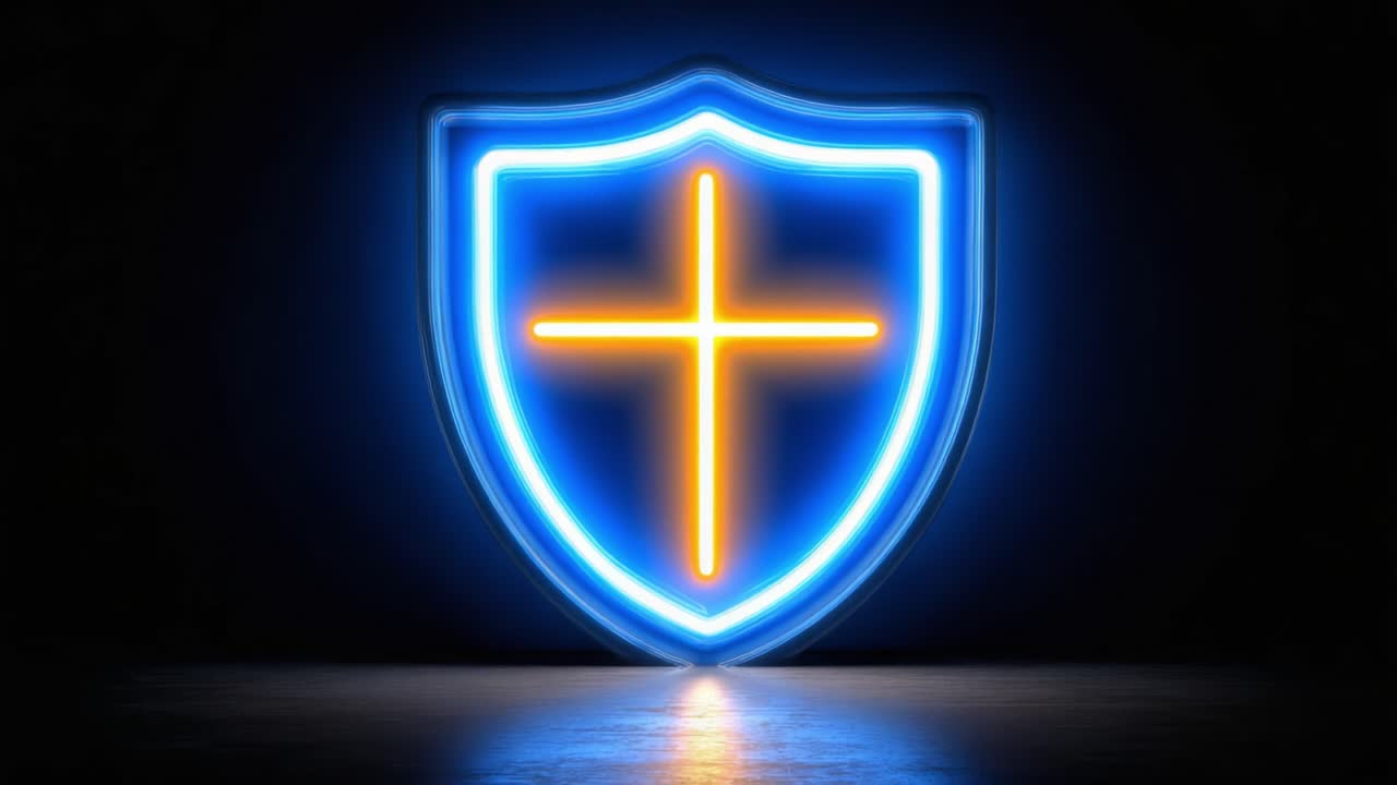 A Radiant Neon Shield Emblem Featuring a Cross Symbol, Symbolizing Protection, Faith, and Strength Against Adversities in a Dark Surrounding