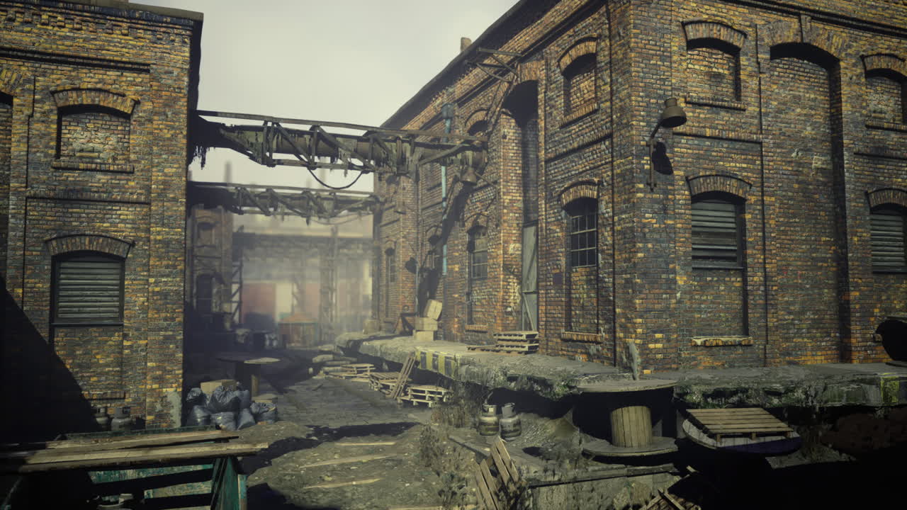 Old industrial area with crumbling brick buildings and debris on the ground
