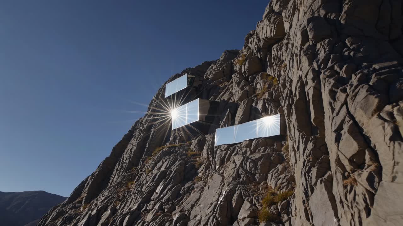 Sunlight is reflecting on large rectangular mirrors that are attached to a steep cliff face, creating a dazzling display of light and shadow on the rugged terrain below