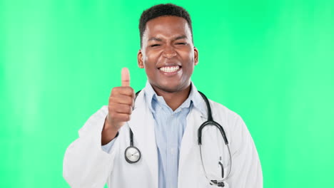 Cara,-Médico-Y-Hombre-Negro-Con-Los-Pulgares-Hacia-Arriba-En-Verde