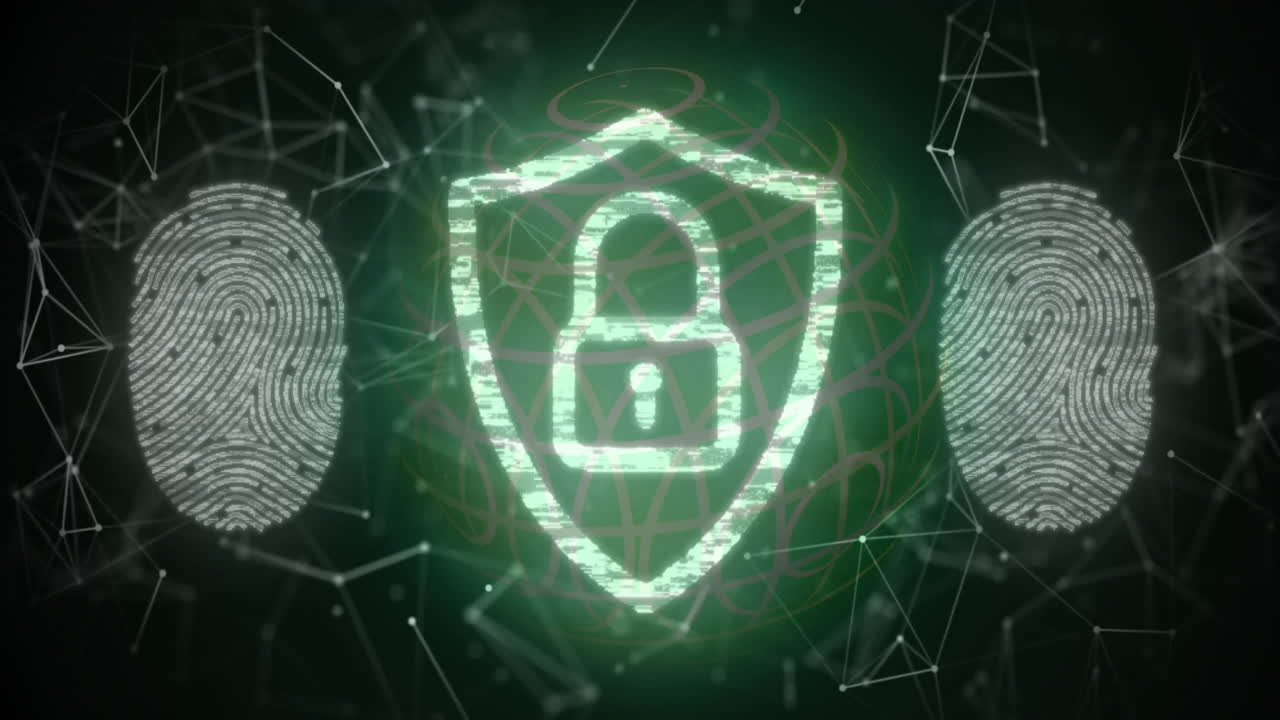 Digital animation showing shield with fingerprint patterns and network connections