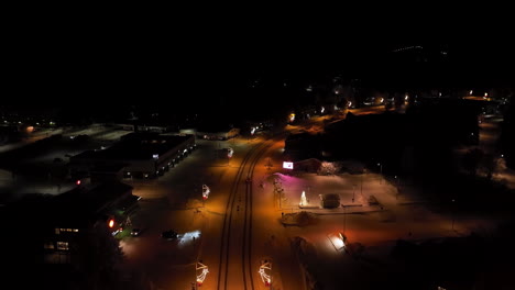 aerial view of a snowy town at night