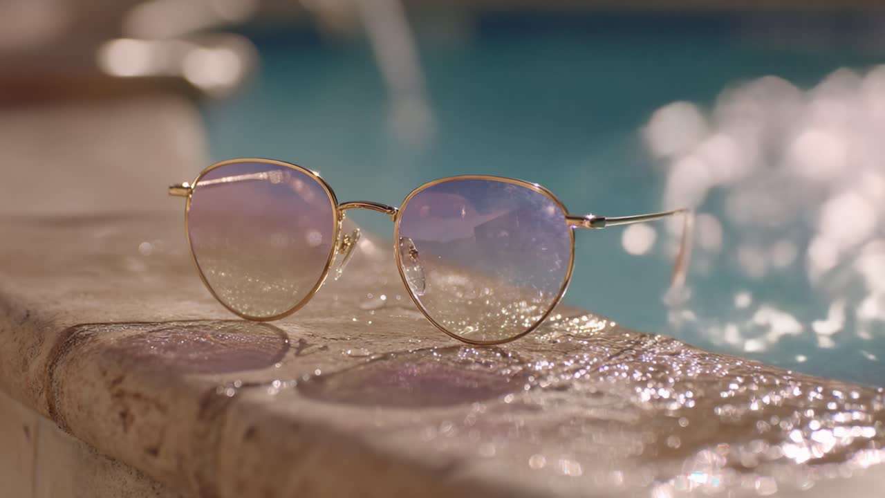 Stilvolle Sonnenbrille am Poolrand, die Reflexionen von Wasser und Licht in ihren irisierenden Gläsern einfängt und für perfekte Sommerstimmung sorgt.
