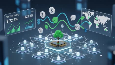 a visual representation of eco-friendly technology integrating real-time trading with environmental awareness and financial data analytics