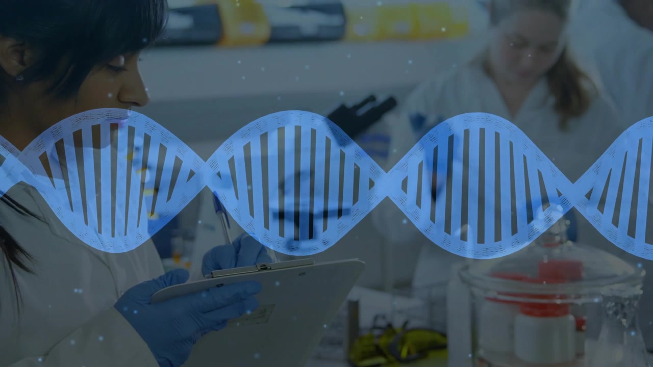 Lab researcher entering frame and writing clipboard while DNA helix overlay marking samples for lab