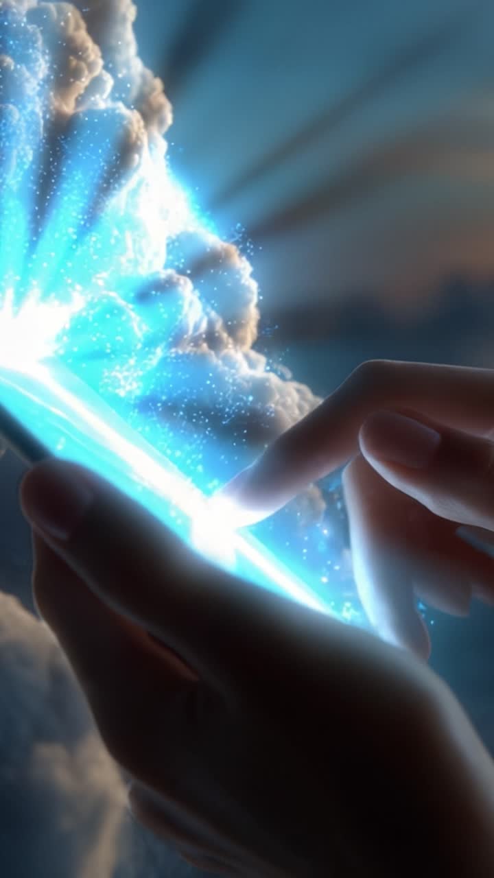 Una scena eterea che mostra una mano con uno smartphone luminoso, circondata da nuvole magiche e luce vorticosa, a rappresentare la fusione di tecnologia e immaginazione