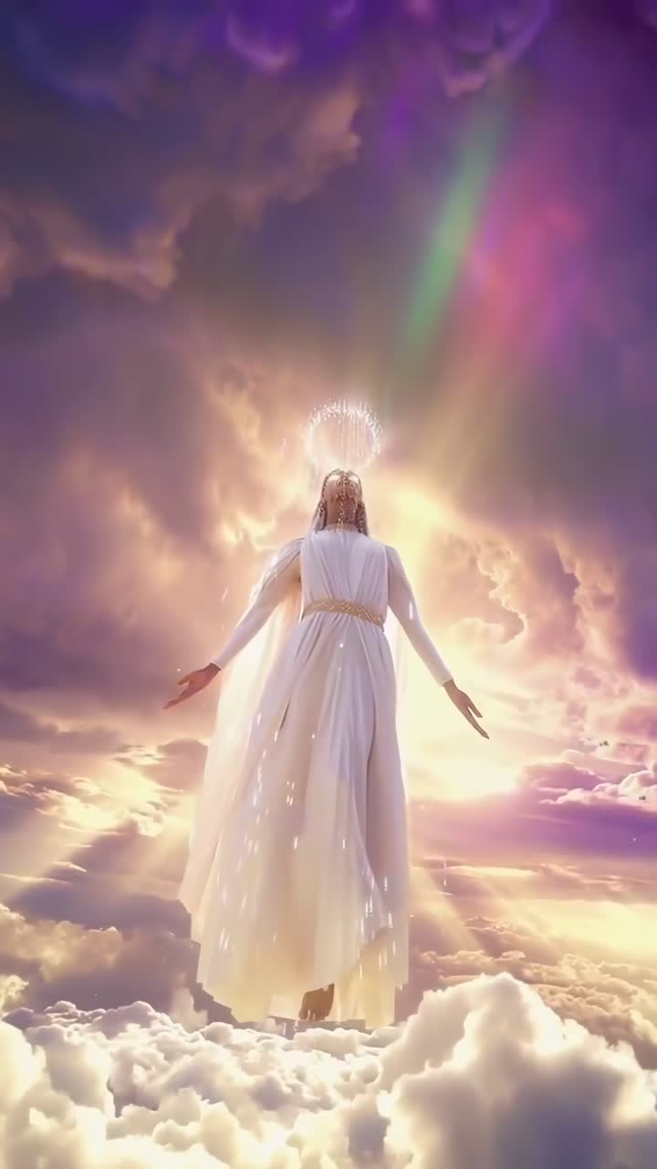 Una scena celestiale con una donna che ascende tra le nuvole, ripresa da una prospettiva dal basso, in stile video.