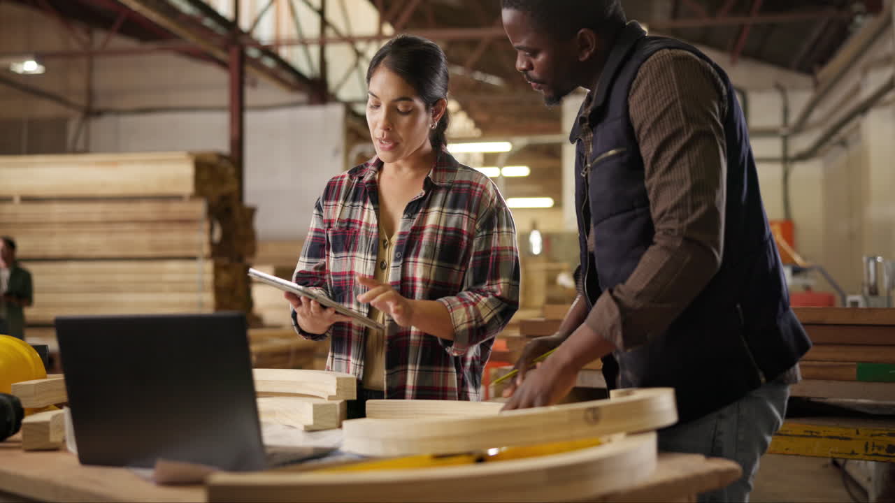 Carpentry team working together using a tablet