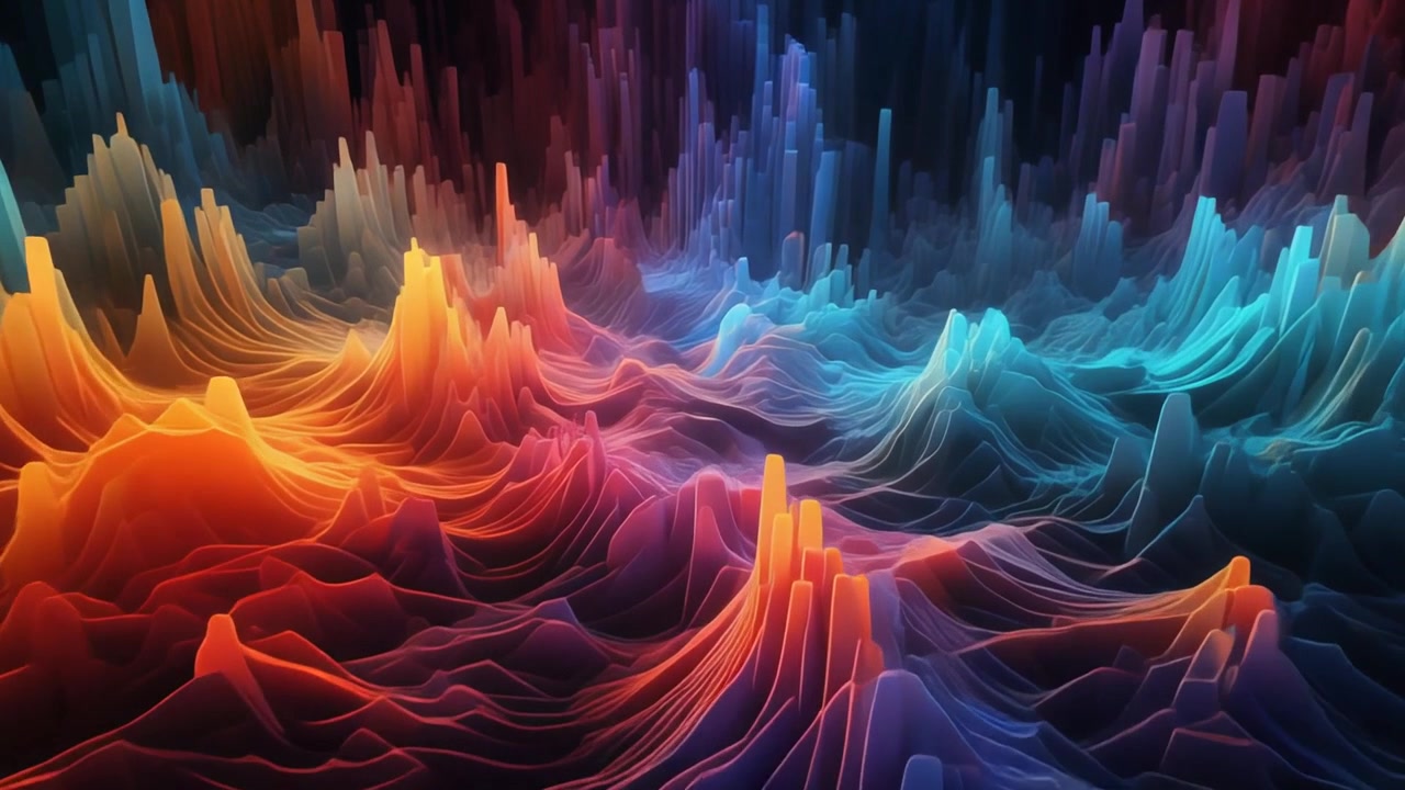 Paesaggio digitale 3D astratto con onde vibranti e fluide