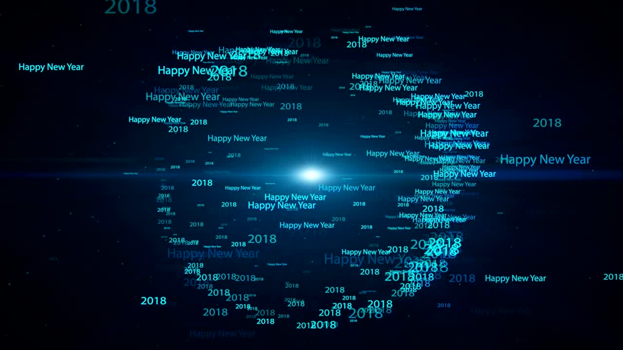 Seamless loop, loopable Animation motion background, 2018 Happy New Year text word fly in  blue circle shape light blue background.