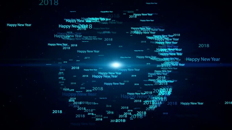 Nahtloser, wiederholbarer animierter Hintergrund. Text 'Frohes Neues Jahr 2018' fliegt in blauer Kreisform auf hellblauem Hintergrund