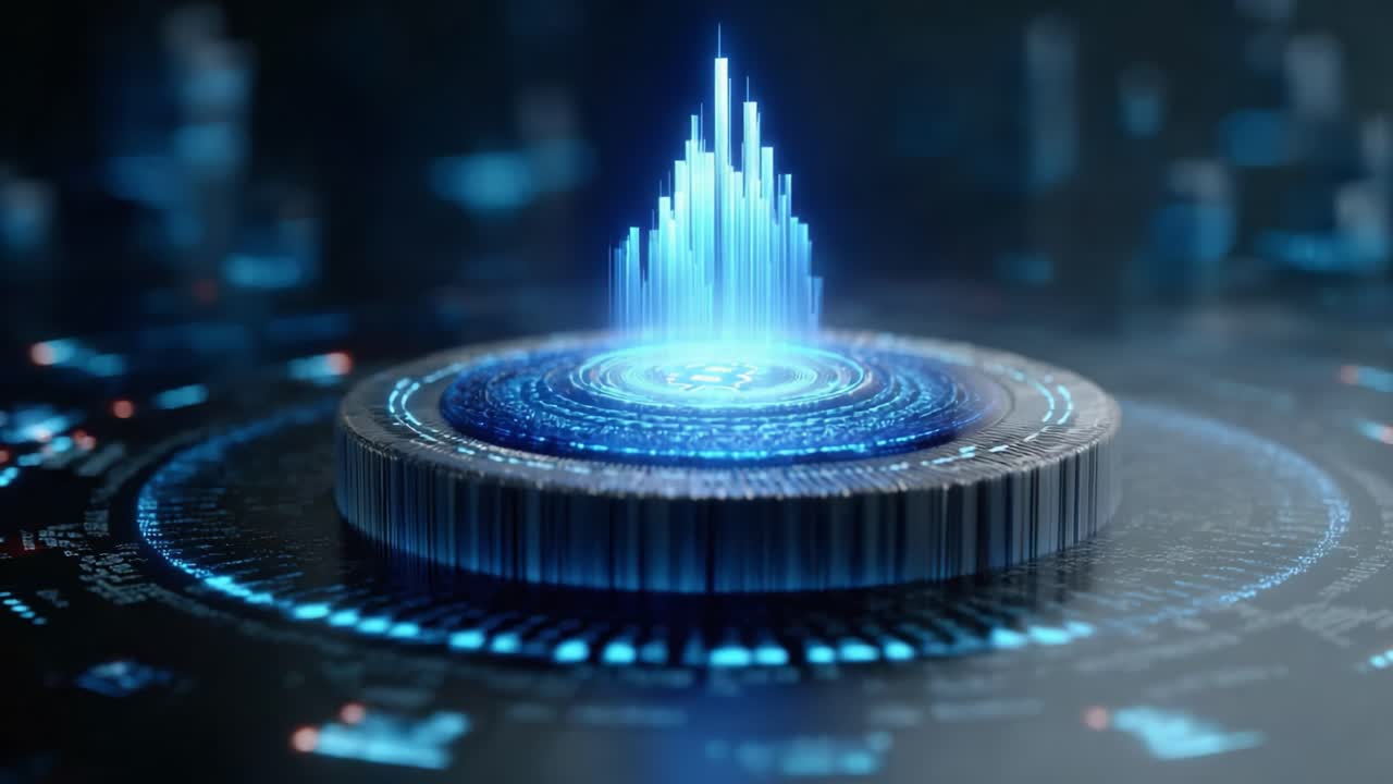 A mesmerizing digital representation of data visualization showcasing a glowing blue peak emanating from a circular base, surrounded by intricate patterns of light and technology