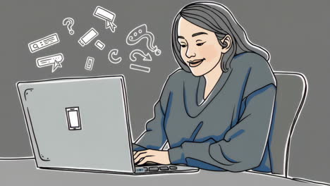 Illustrated woman working or studying on a laptop with abstract digital symbols