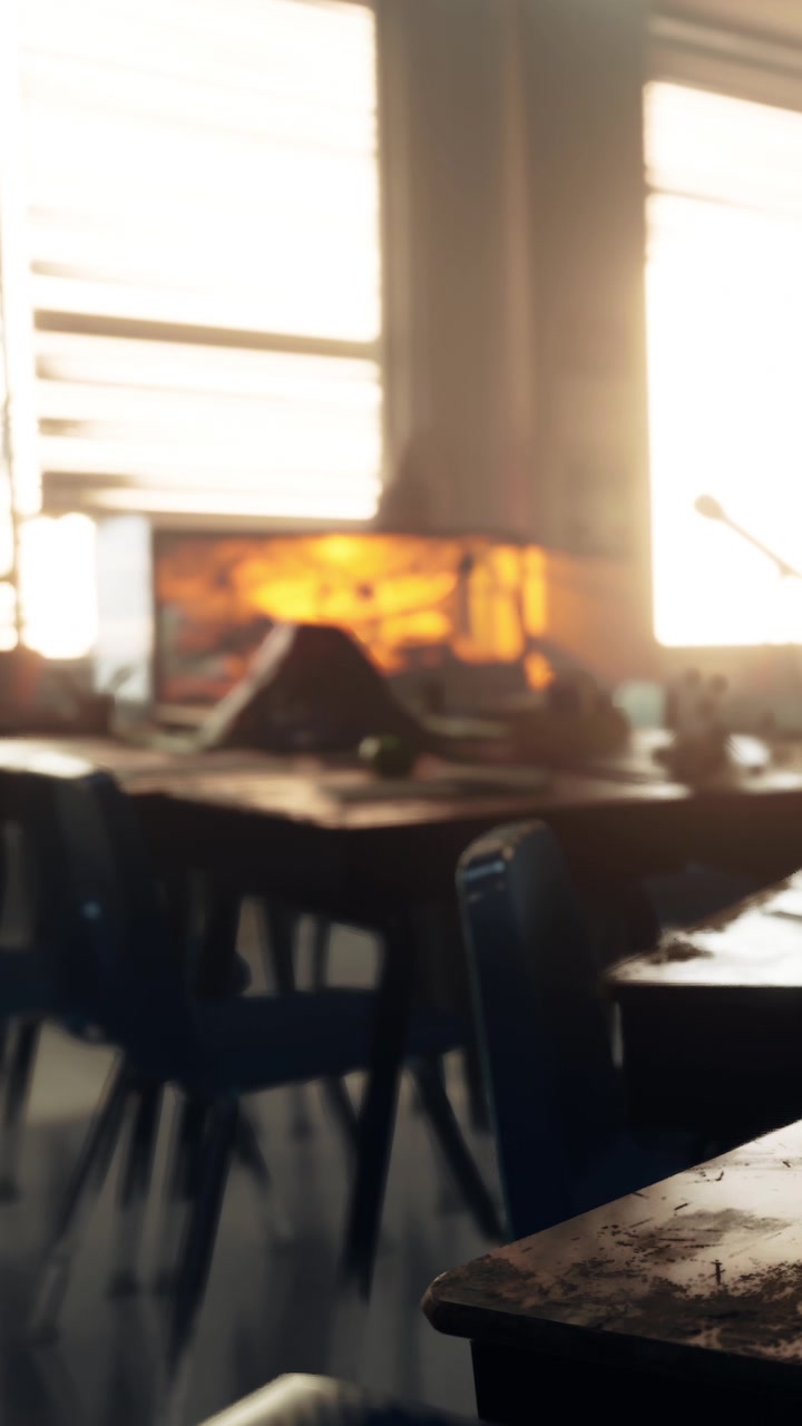 Classroom with sunlight streaming in through windows during the afternoon