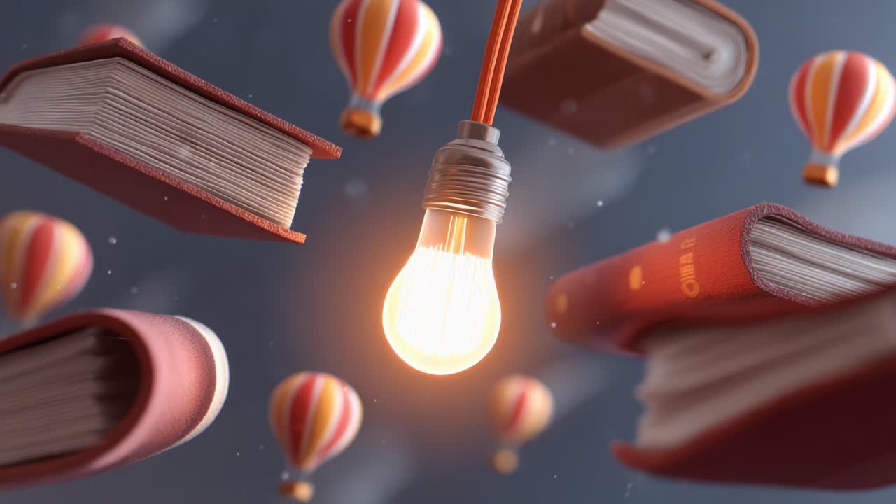 A mesmerizing blend of creativity and inspiration, showcasing an illuminated bulb surrounded by floating books and colorful hot air balloons, symbolizing knowledge and imagination