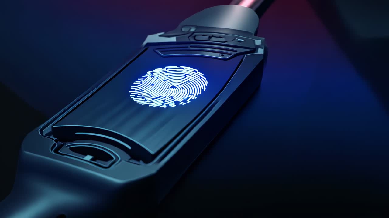 Cable bringing biometric module at technology showcase, module scanning fingerprint icon for access