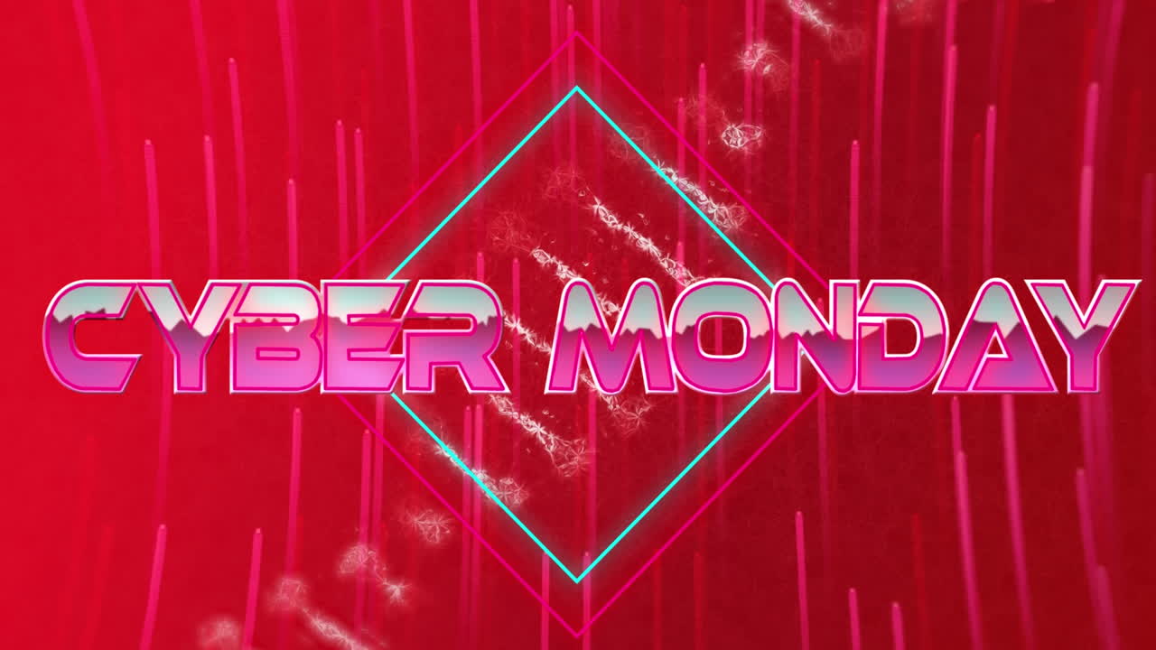 animación del texto de cyber monday sobre cadena de adn y rastros de luz sobre fondo rojo