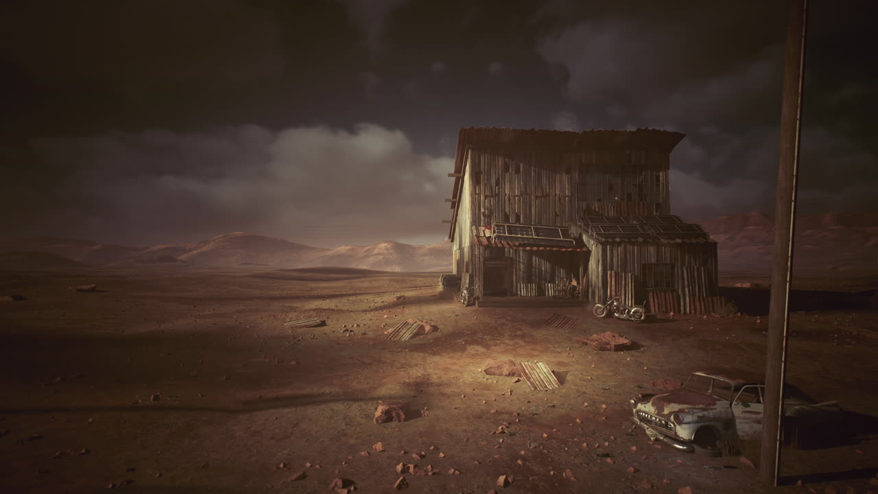 Casa colonica spazzata dal vento nel deserto con veicolo distrutto e nuvole suggestive
