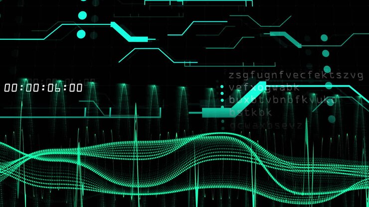 Animation of data processing over dark background