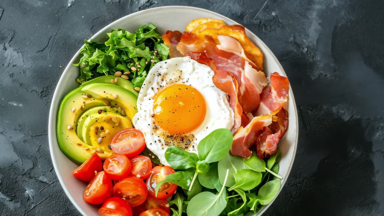 Keto breakfast bowl with fried egg, avocado, bacon, tomato and green salad on a dark background promoting a healthy lifestyle with colorful ingredients
