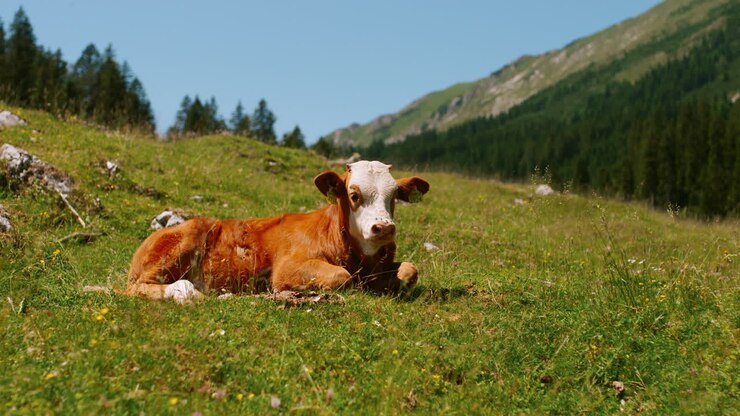 A Calf Resting in a Mountain Meadow