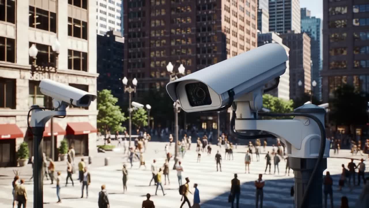 Surveillance Systems in Urban Settings: Observing Crowds and City Life Through Modern Camera Technology in a Bustling Downtown Environment