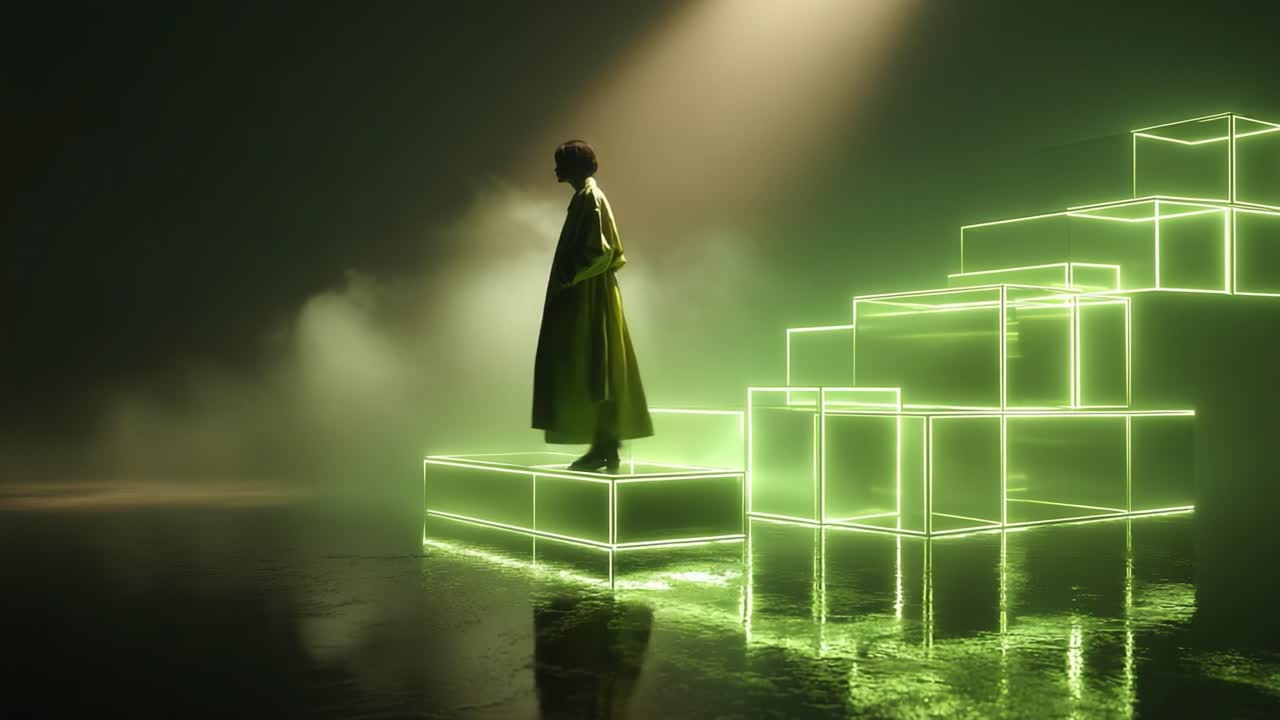 Person walking on neon stairs in a foggy environment