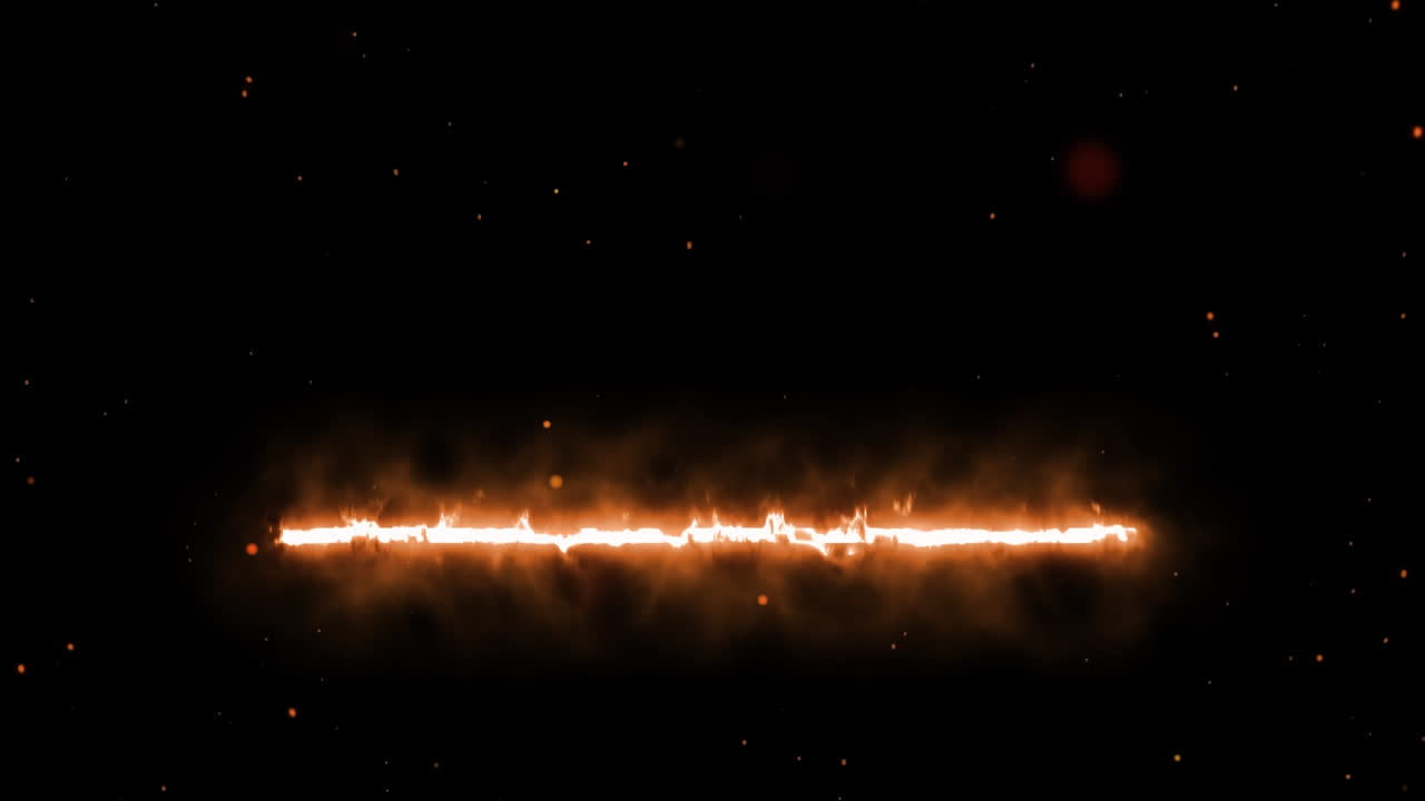 불타는 오렌지색과 빨간색 입자와 검은색 바탕에서 움직이는 빛의 흔적의 애니메이션