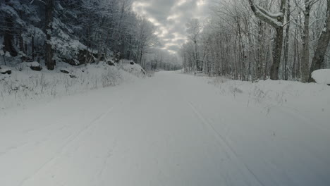 Ein-Spaziergang-Durch-Die-Winterliche-Straße,-Umgeben-Von-Schneebedeckten-Nadelbäumen-Und-Kahlen-Bäumen-Im-Winter-In-Orford,-Quebec,-Kanada---Ansatz