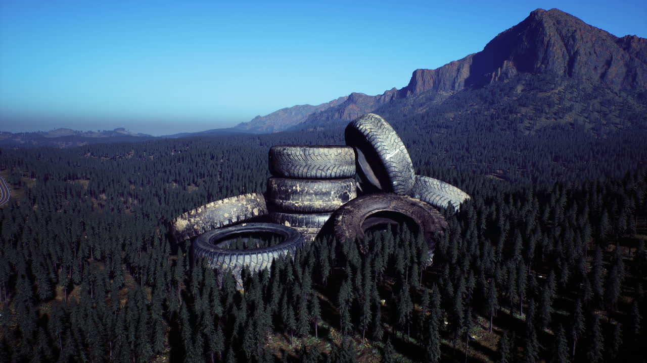 Discarded tires resting amongst majestic mountain landscape