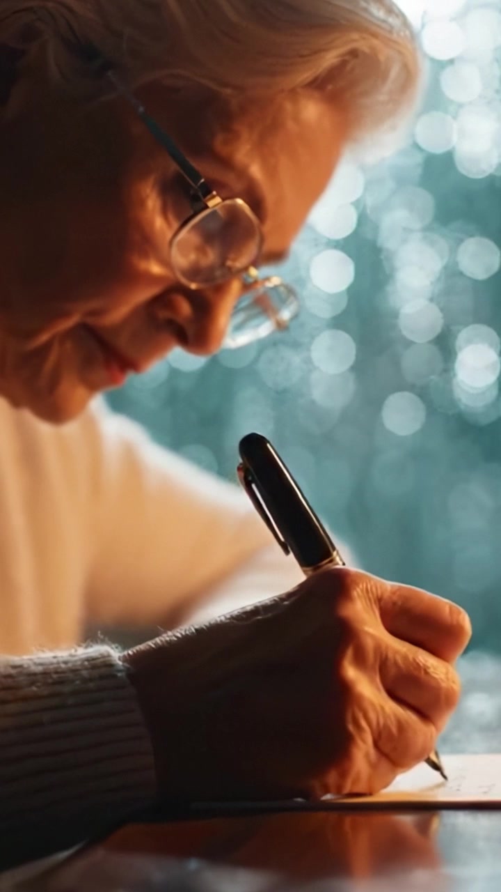 An intimate moment of reflection as an elderly woman writes thoughtfully, capturing the essence of inspiration and creativity in a serene atmosphere.