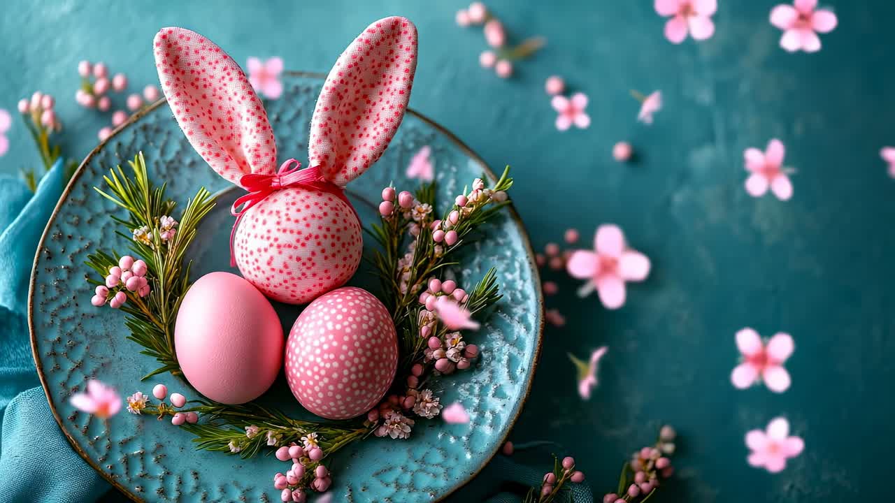Easter ears and eggs on plate. A plate holds pink eggs and bunny ears with flowers scattered around. The setting shows a festive Easter theme
