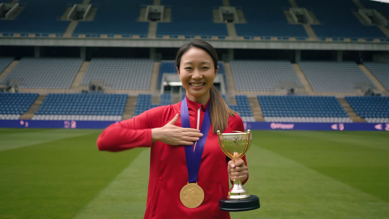 Happy Woman with Medal and Trophy on Soccer Field