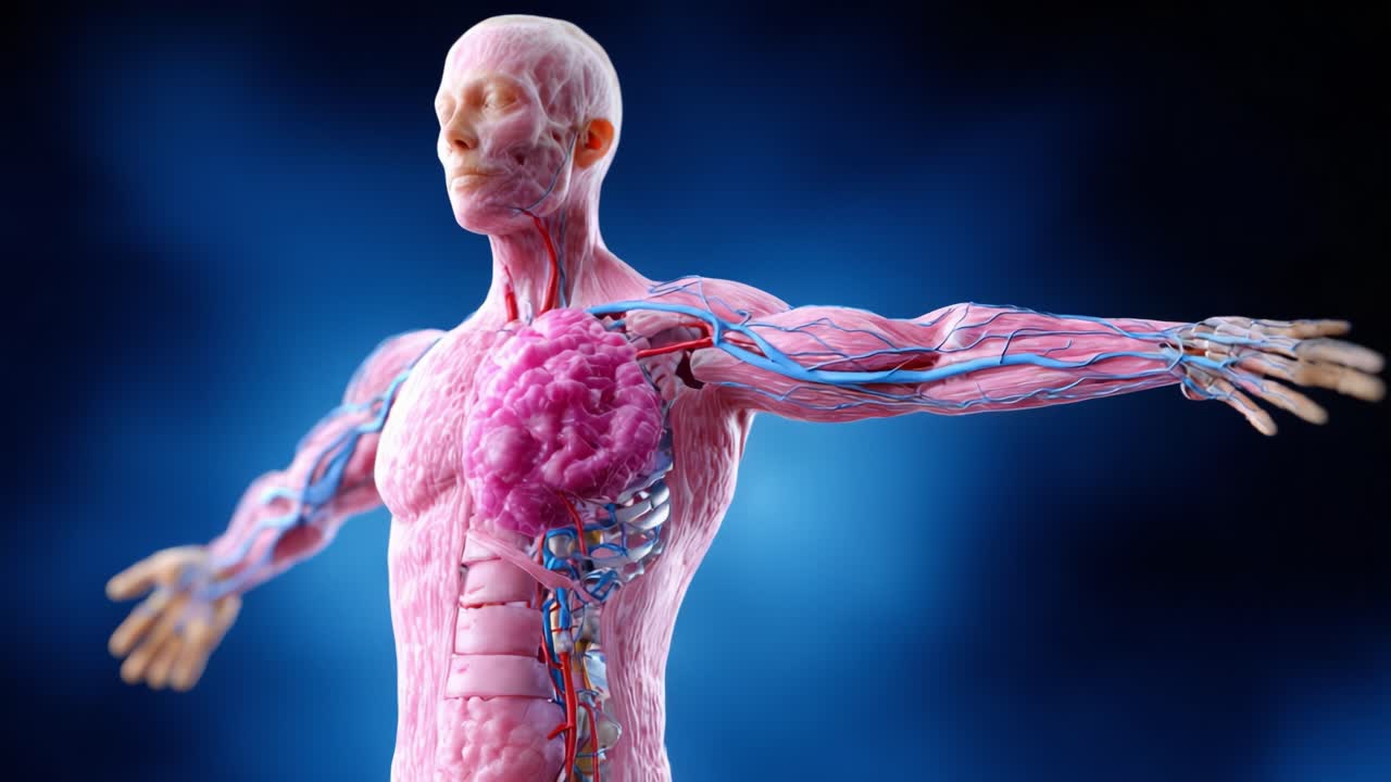 Detailed Anatomical Model Illustrating the Human Body's Muscular, Skeletal, and Circulatory Systems with Emphasis on the Brain and Heart Health