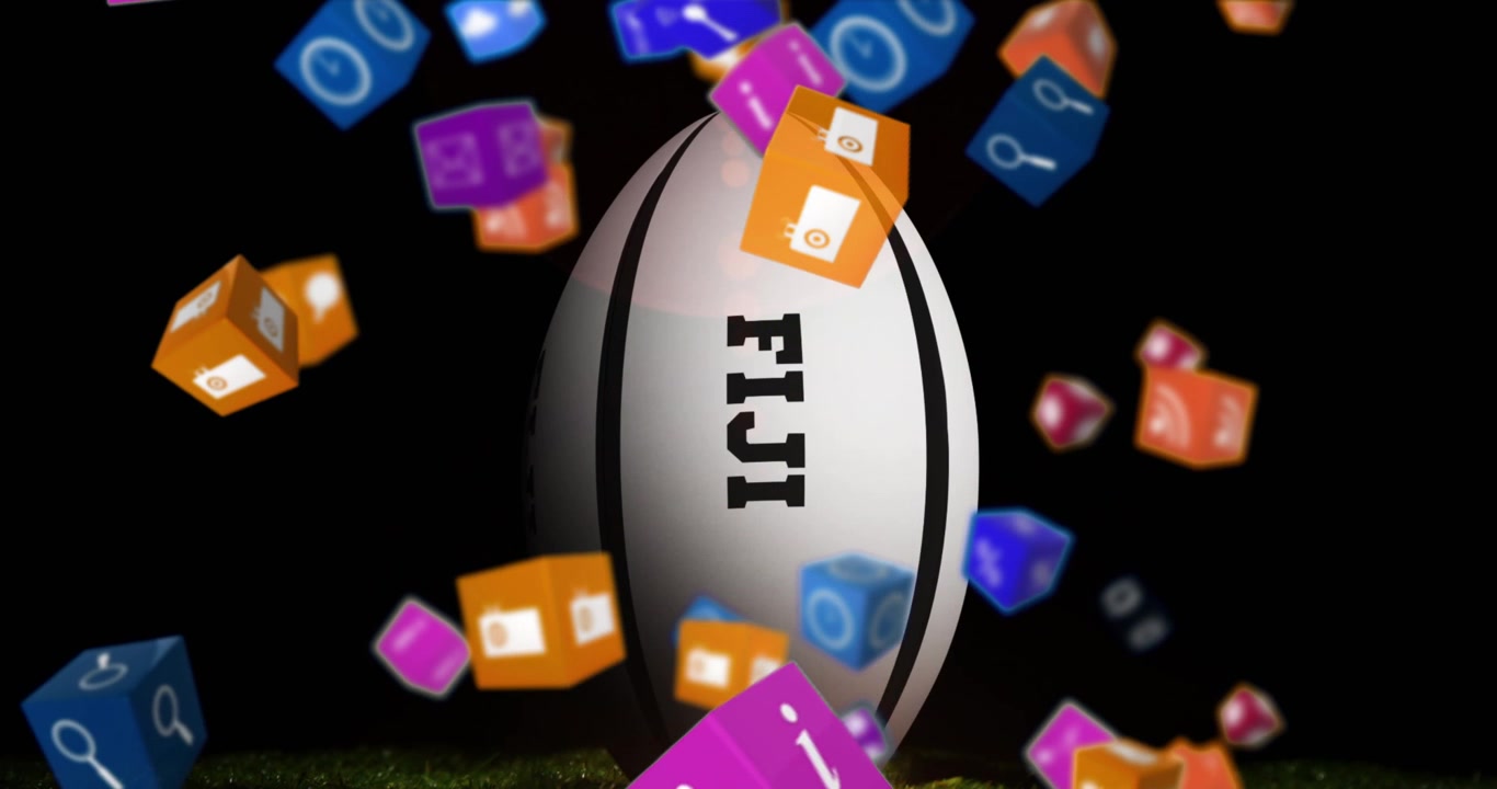 Animazione di icone multimediali su un pallone da rugby con la scritta Fiji su sfondo nero
