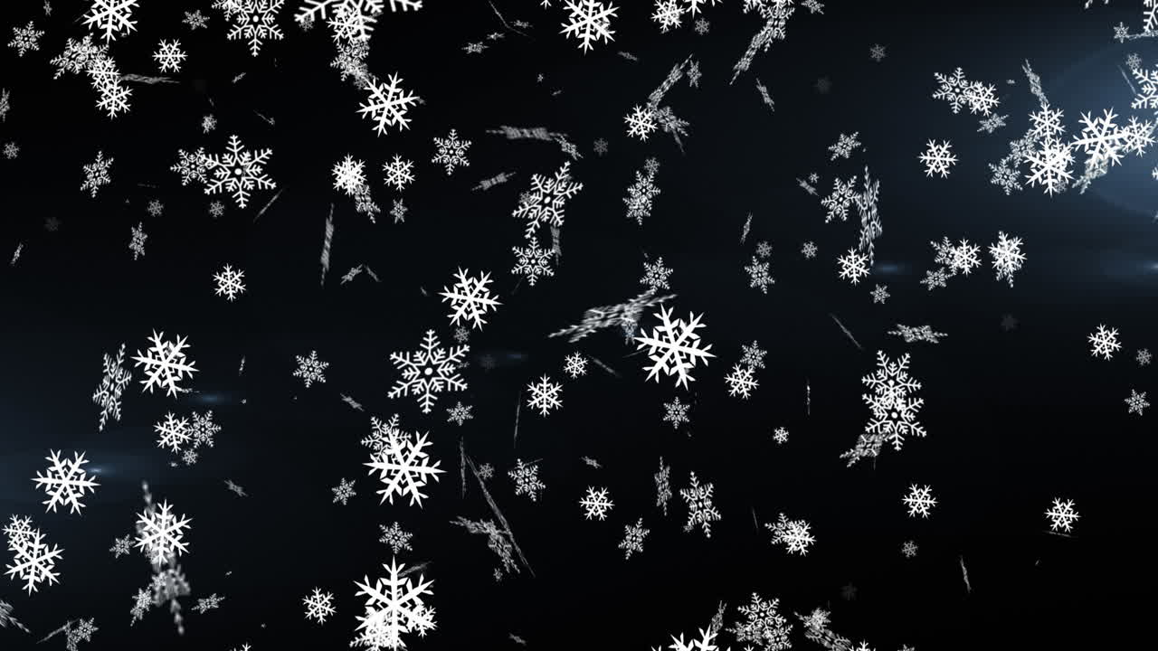Digital animation of snow flakes falling against spots of light against black background