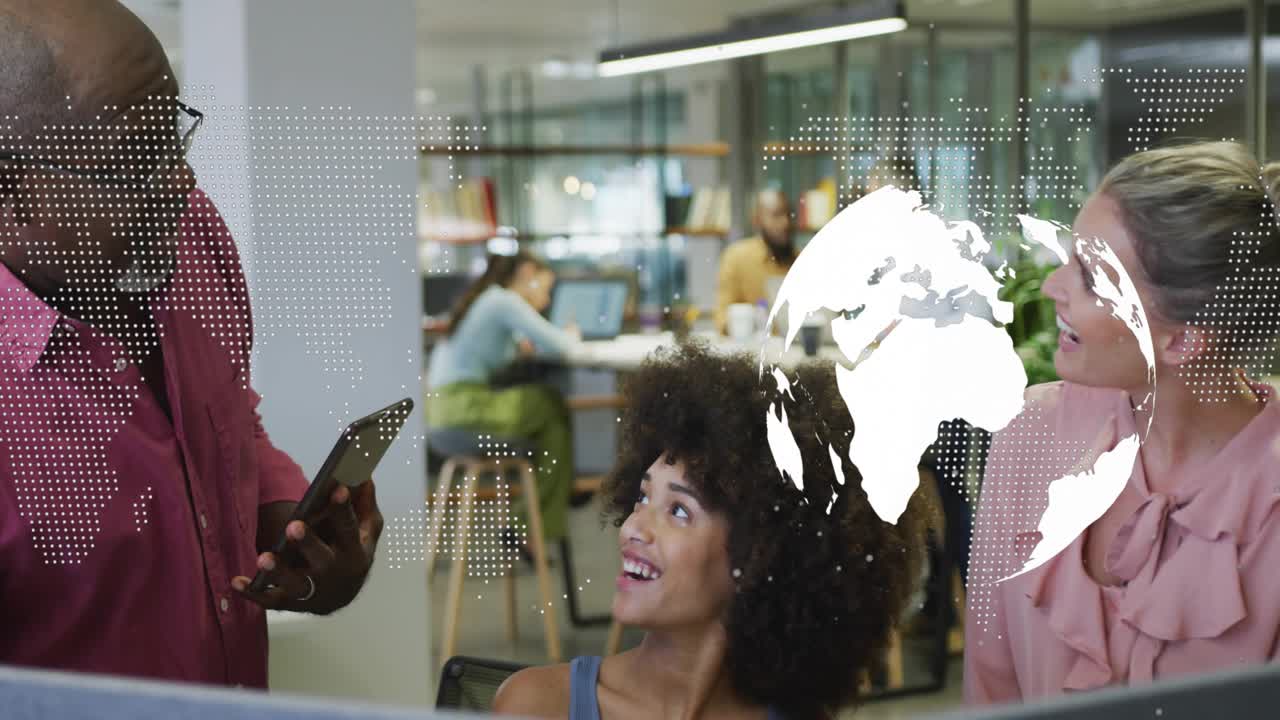 Seated woman shifting from screen when senior showing tablet for business, globe overlay over glass