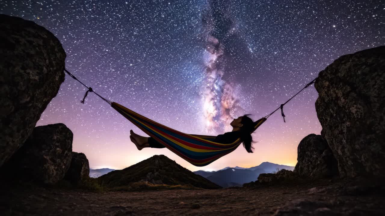 Woman relaxing in hammock under the stars at night